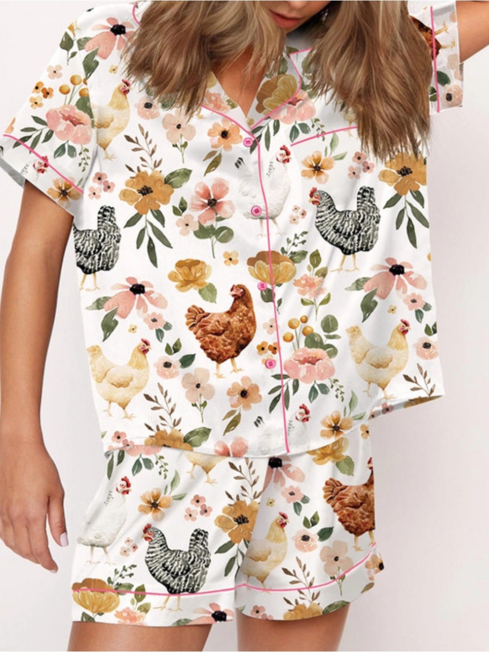 SHESHOW Floral Chicken Satin Pajama Set Button Up Shorts Pink Women’s M